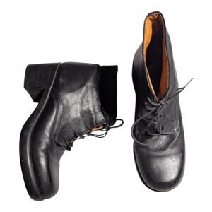 Vtg 1990s Black Leather Lace Up Granny Block Heel Cottage Ankle Boots 37 38 7.5